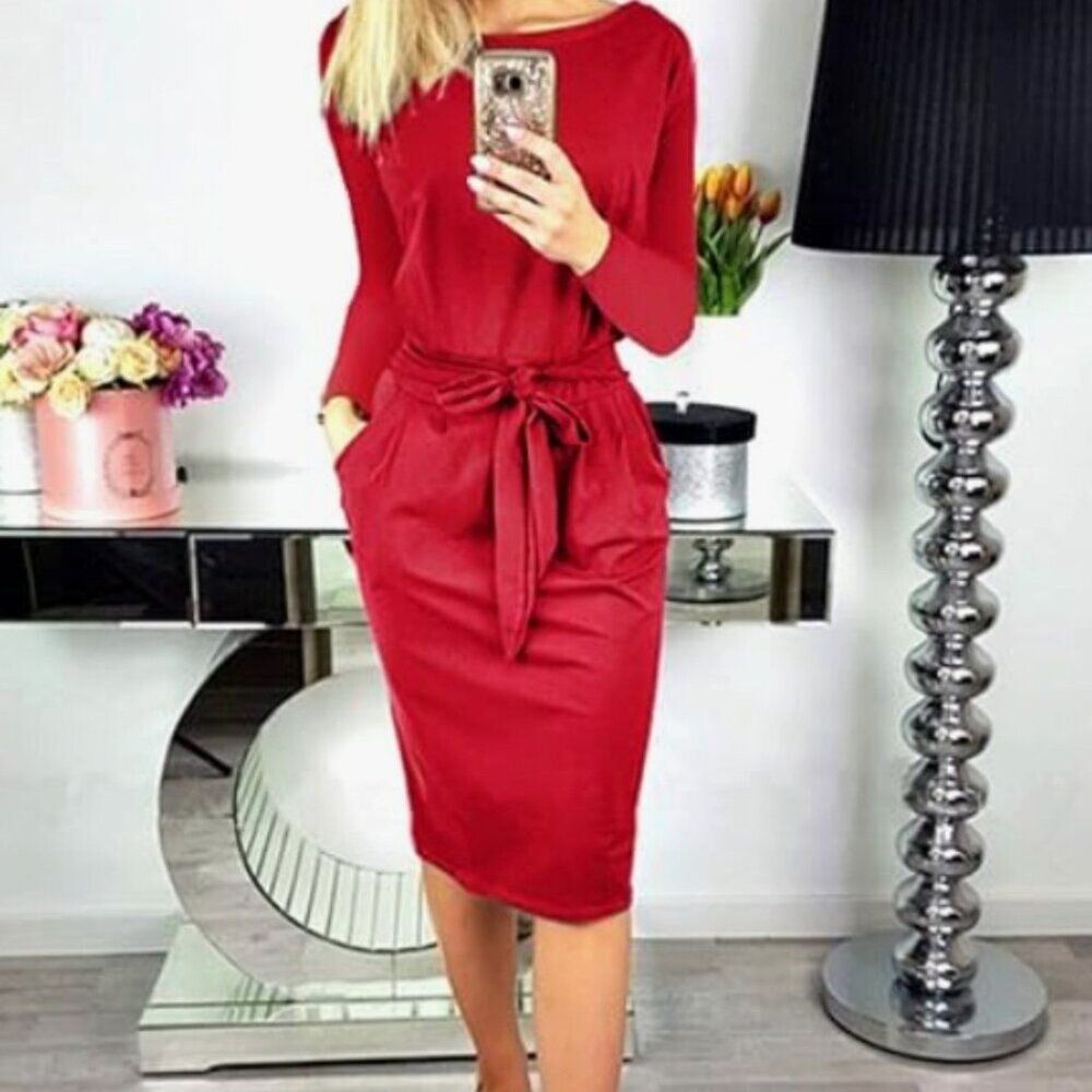 PrettyGarden Red Bodycon Midi Dress Long Sleeve Womens Medium - Picture 2 of 9